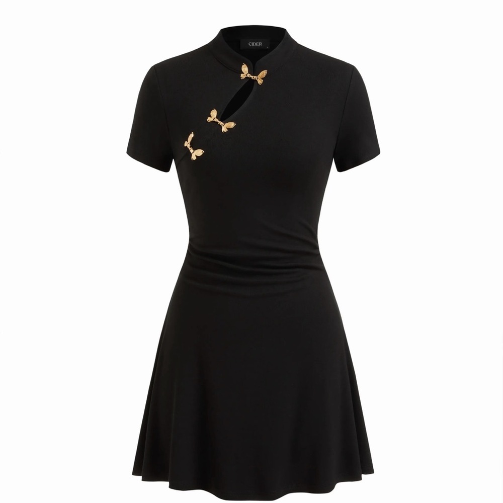 Cider Black Short-Sleeve Mini Dress with Gold Butterfly Accents